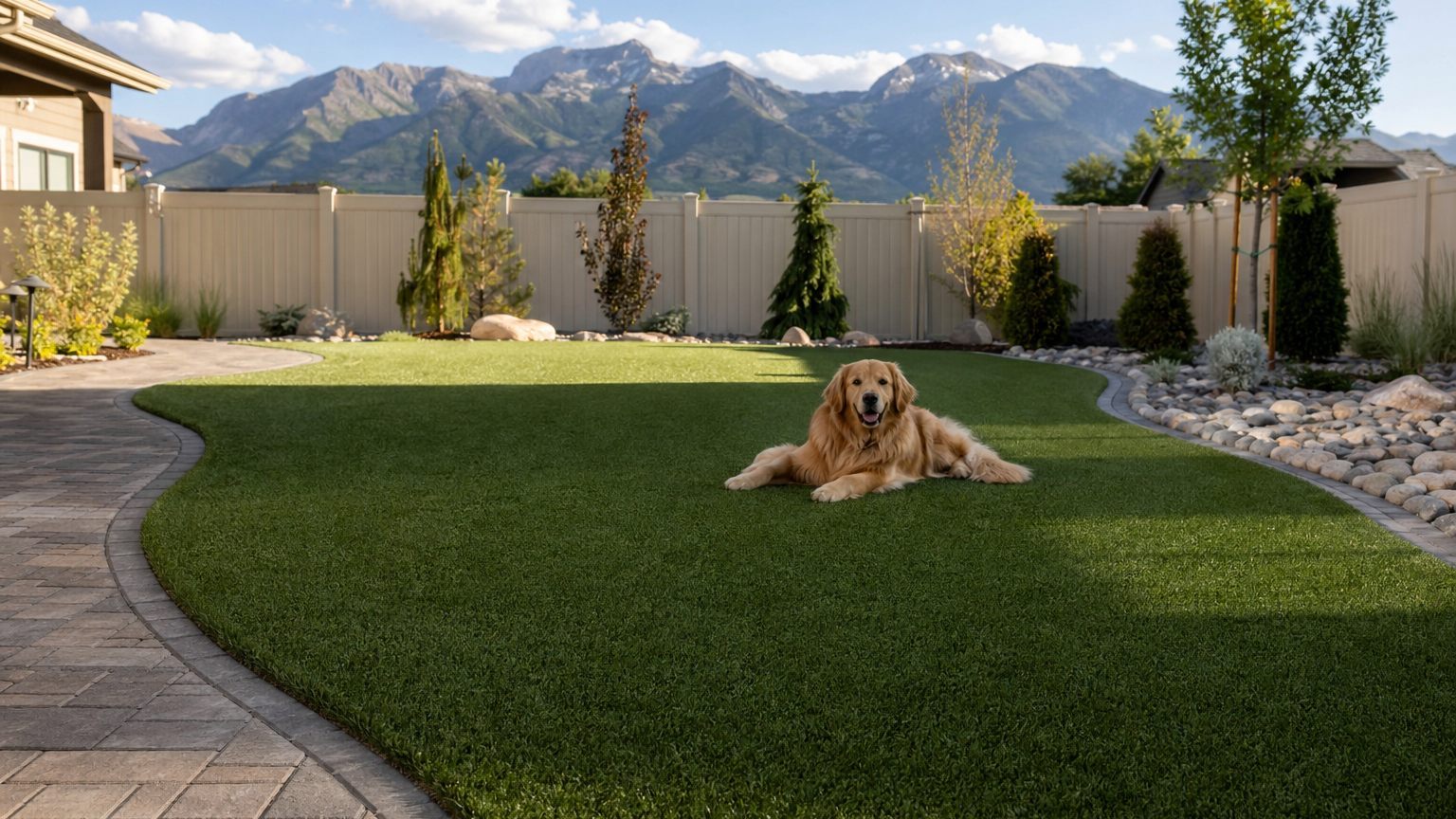 Pet friendly artificial turf with realistic color variation and edging in Utah