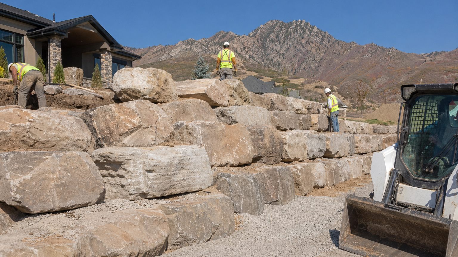 Boulder retaining wall installation with heavy stone placement in Northern Utah