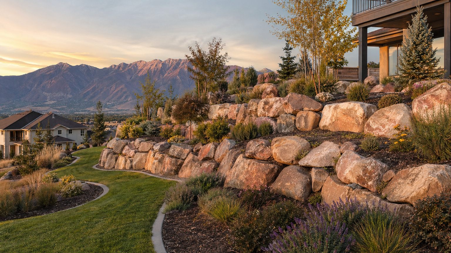 Completed terraced boulder retaining walls with landscaping in Utah