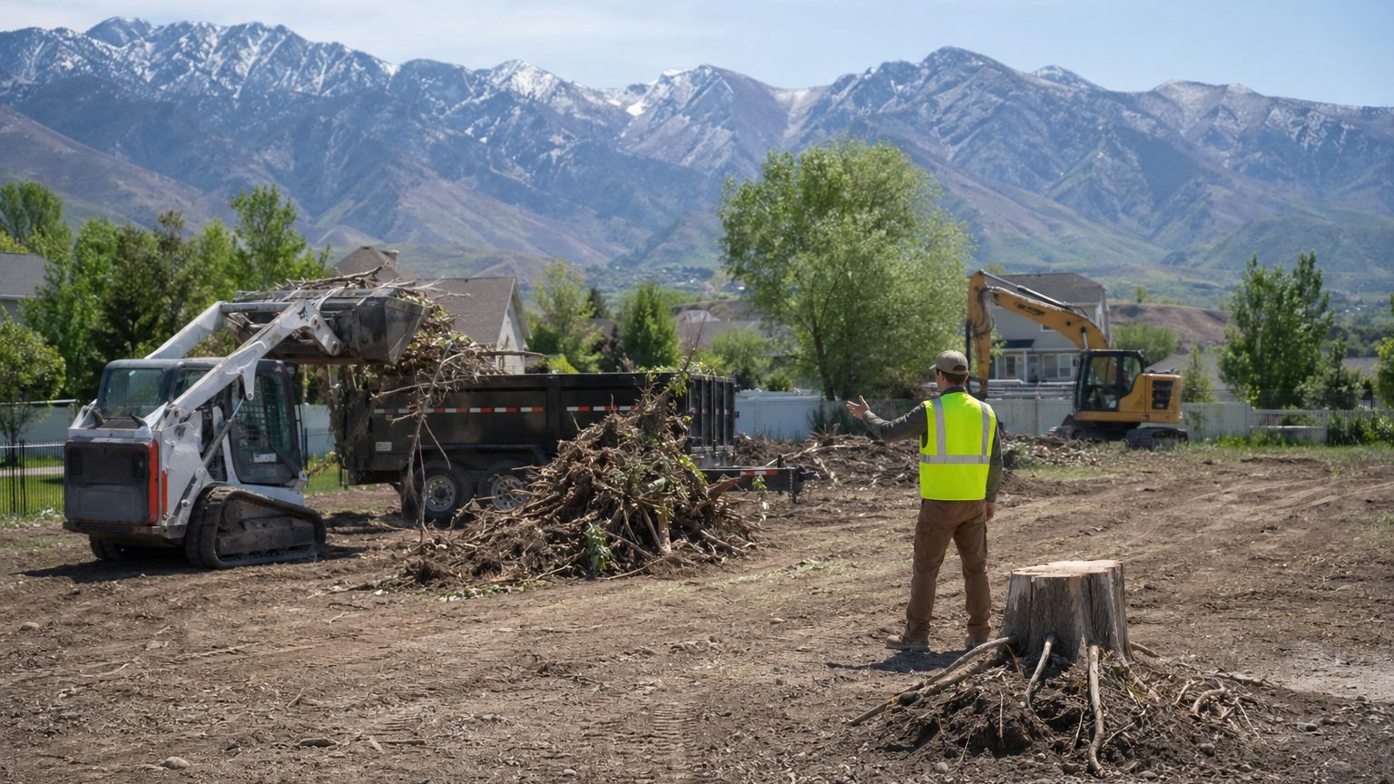 Land clearing and site preparation in Northern Utah with equipment and brush removal