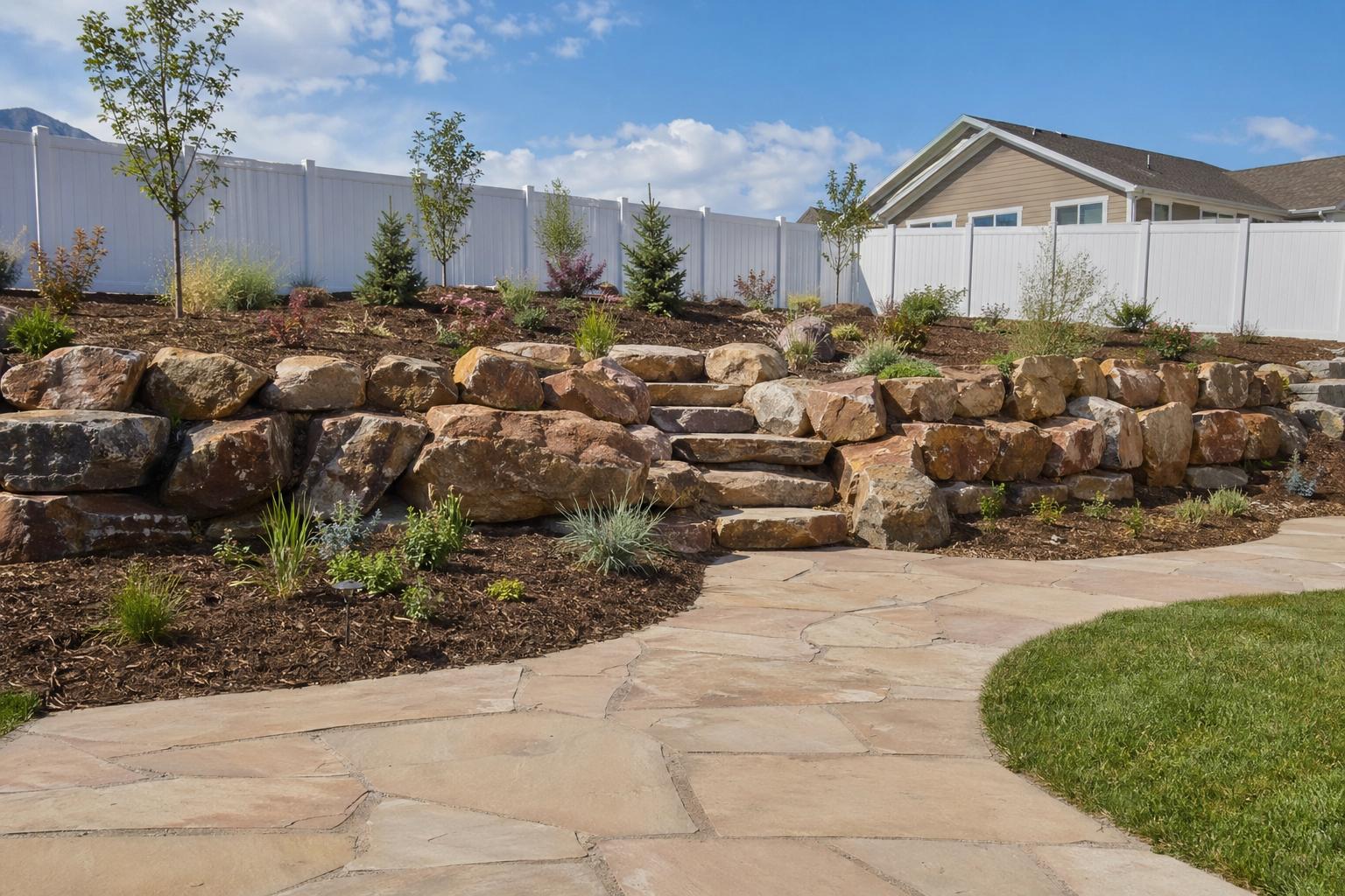 Boulder retaining wall and flagstone patio installed by Gold's Landscaping in Logan, Utah