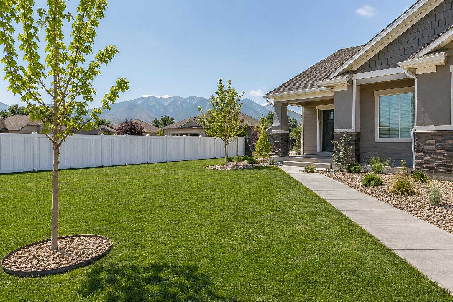 Completed front yard landscape with sod, concrete walkway, and vinyl fencing in Logan, Utah