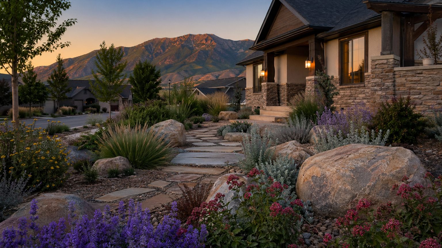 Completed xeriscape style front yard in Ogden Utah with low-water plants and decorative rock