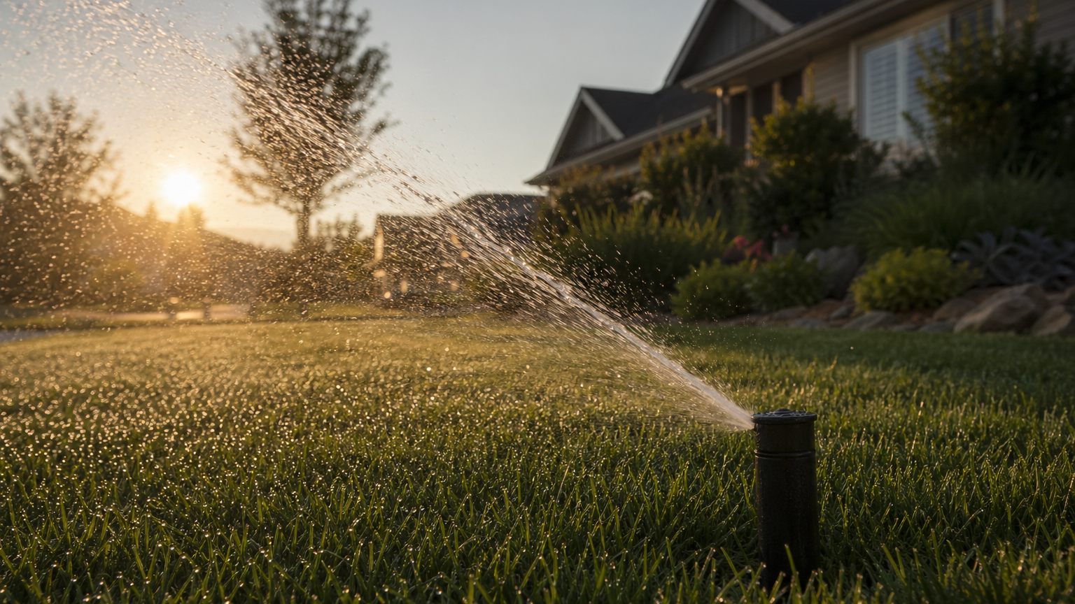 Sprinkler watering a Utah lawn properly in the early morning during August