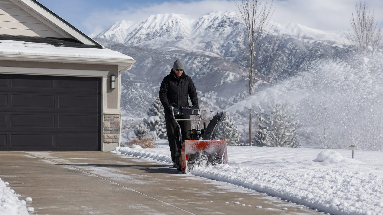 Professional snowblower clearing a residential driveway in Northern Utah