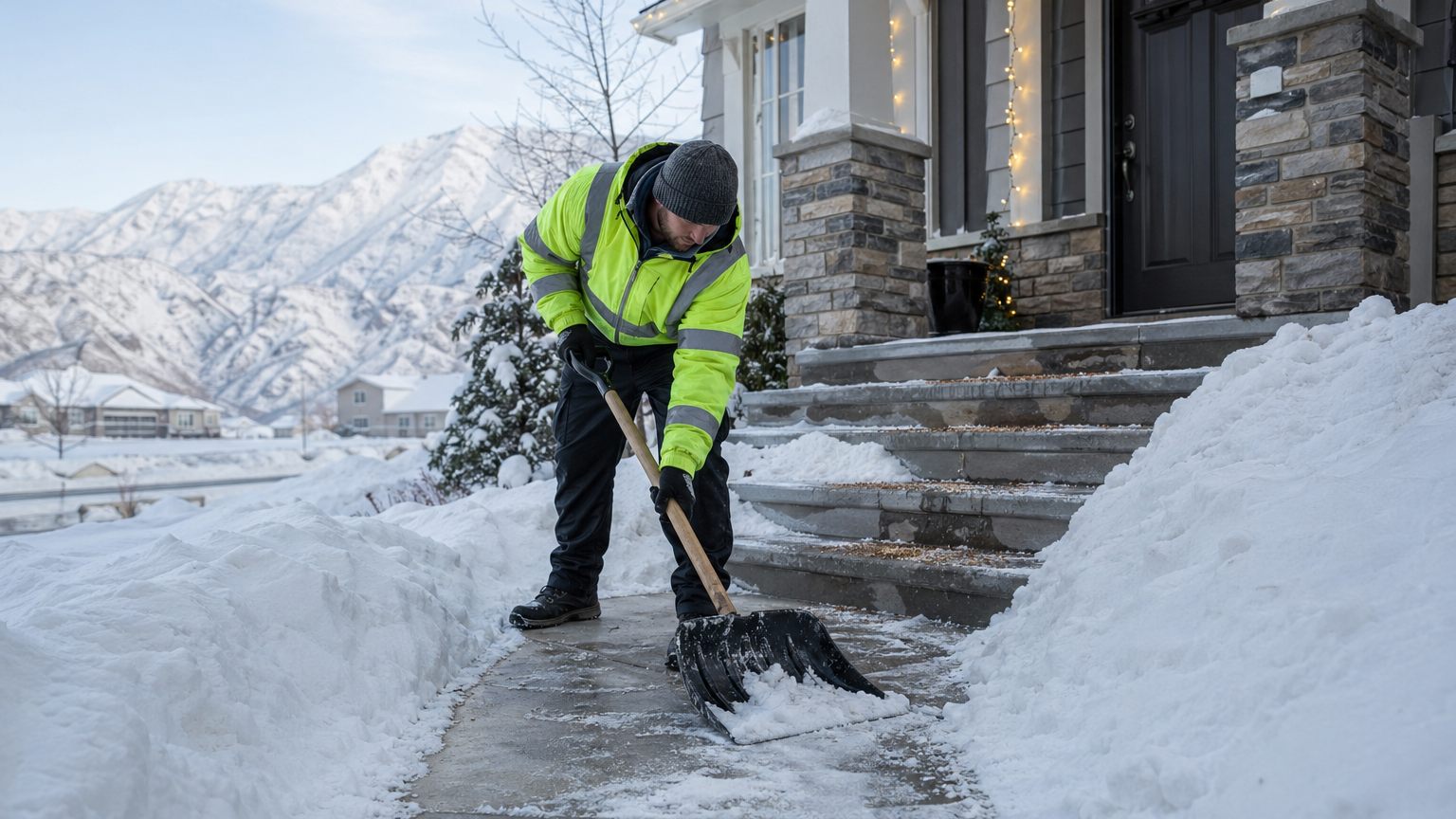 Snow removal crew hand-shoveling front walkway and steps at a Northern Utah home