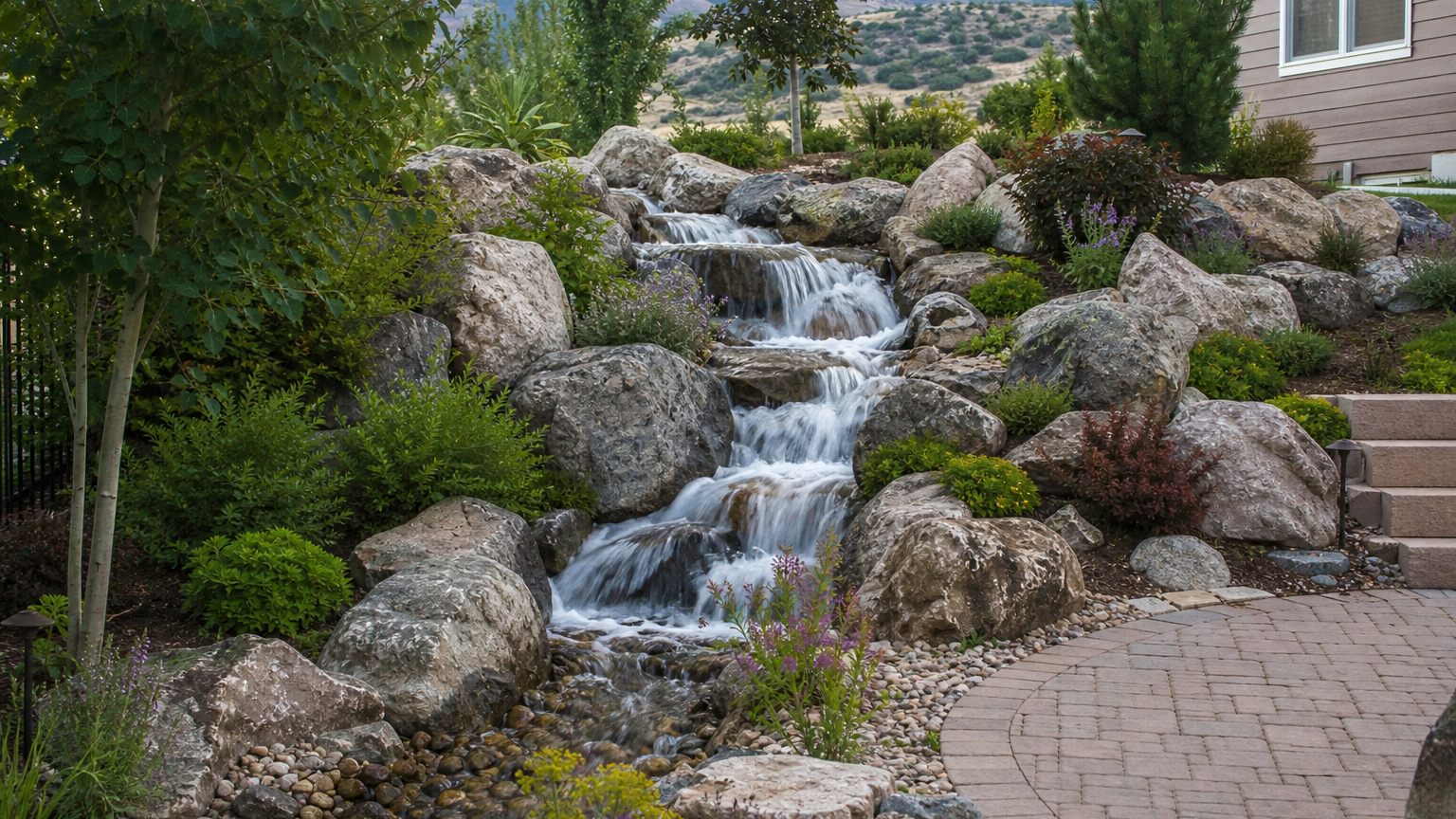 Completed backyard pondless waterfall water feature with landscaping in Northern Utah
