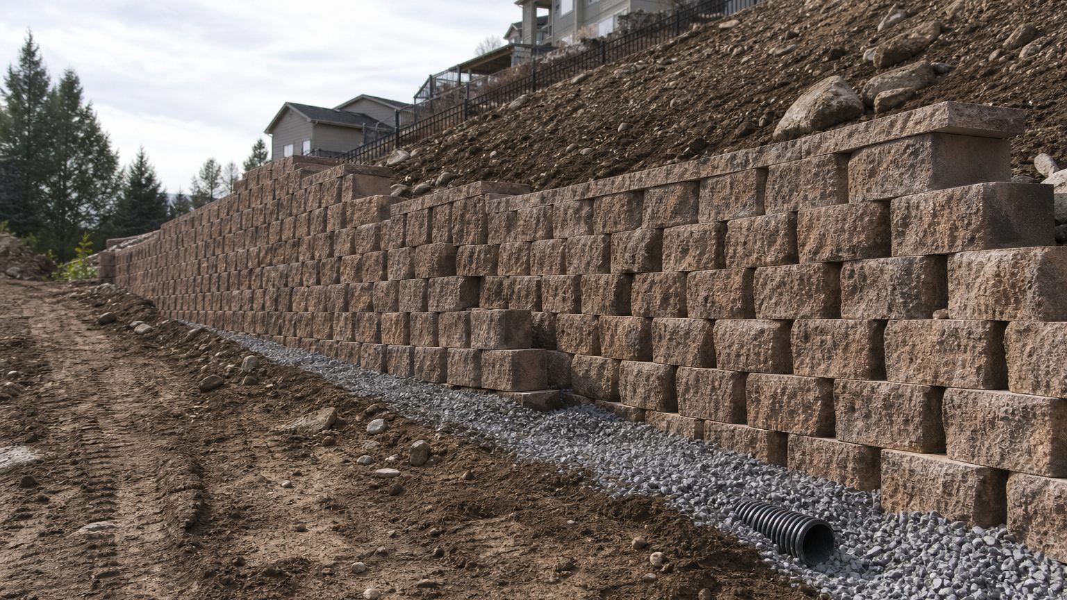 Segmental block retaining wall under construction on a sloped Utah lot