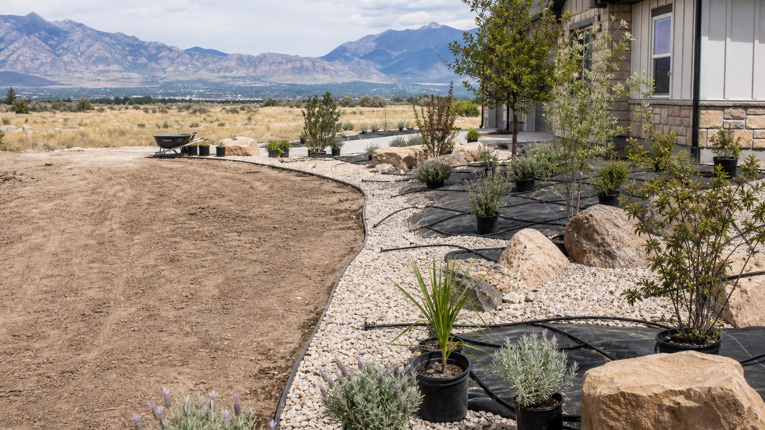 Desert landscape and xeriscape yard conversion in progress in Northern Utah