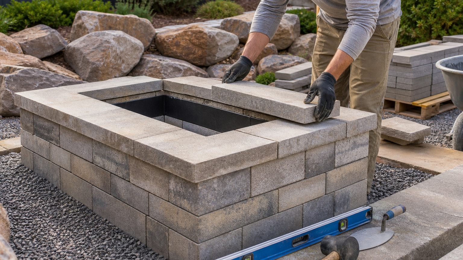 Stone fire pit under construction with block and cap detail in Northern Utah