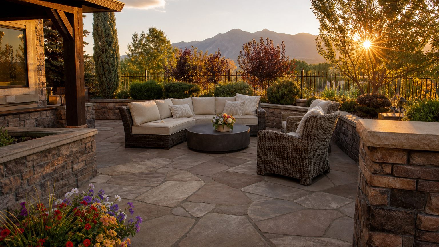 Completed flagstone patio outdoor living area in a Utah backyard