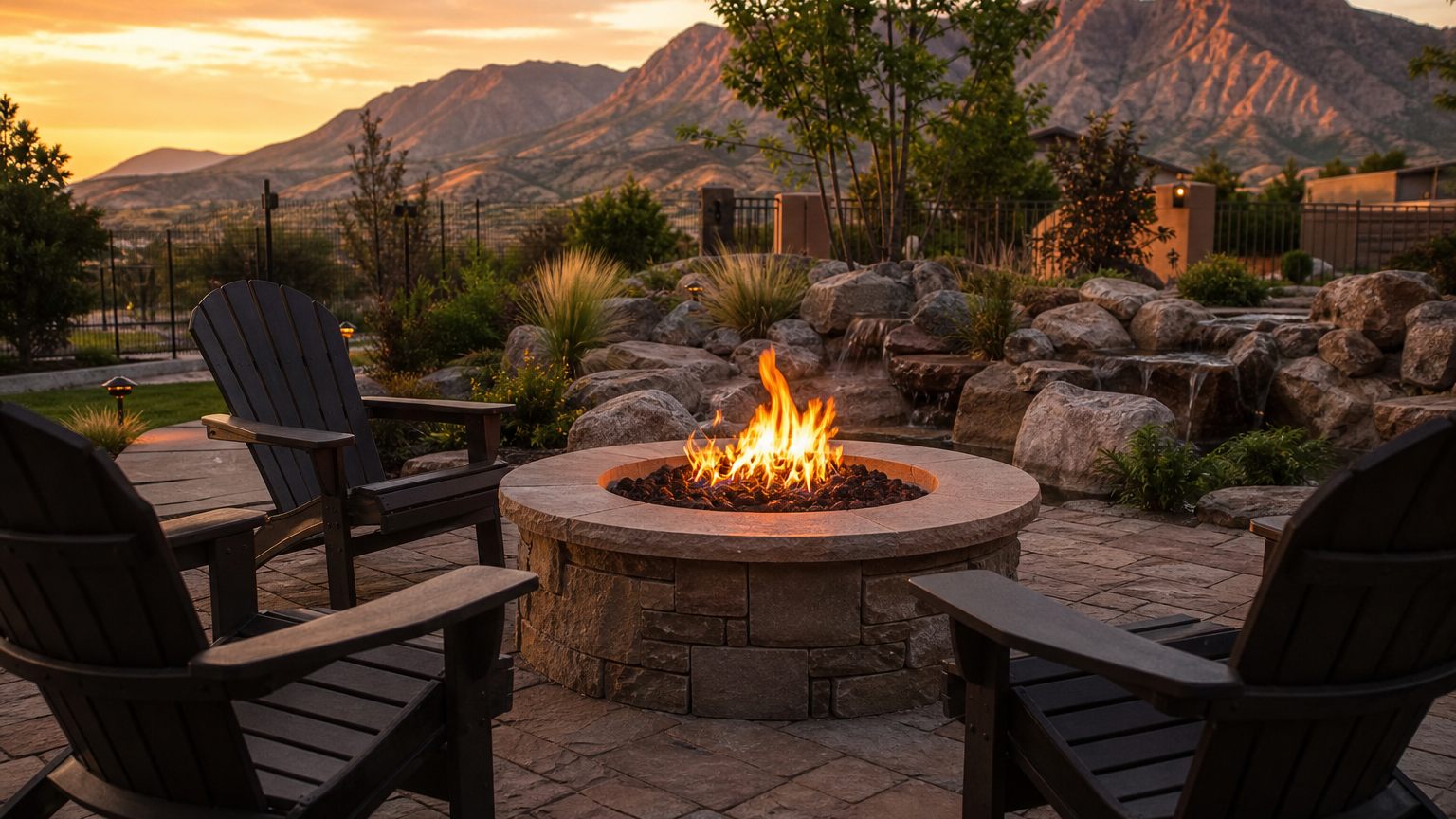 Completed outdoor fire pit and patio seating area at dusk in Utah