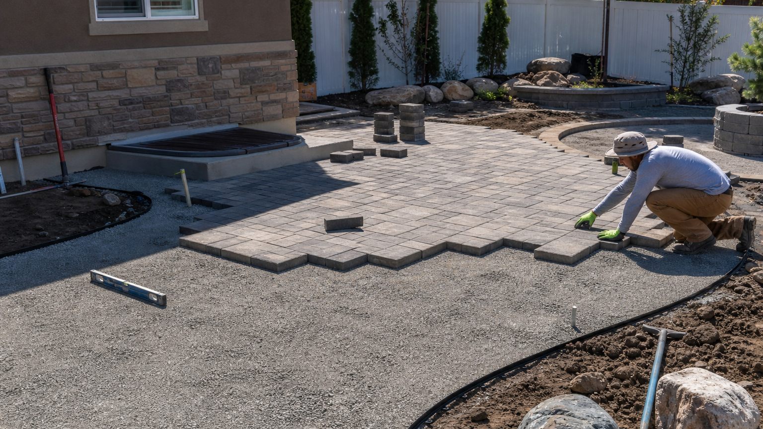 Paver patio hardscape installation with compacted base prep in Northern Utah