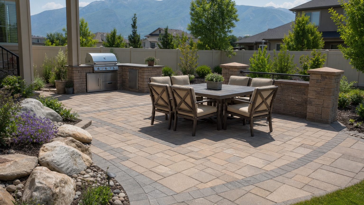 Paver patio outdoor living area with seating in a Northern Utah backyard