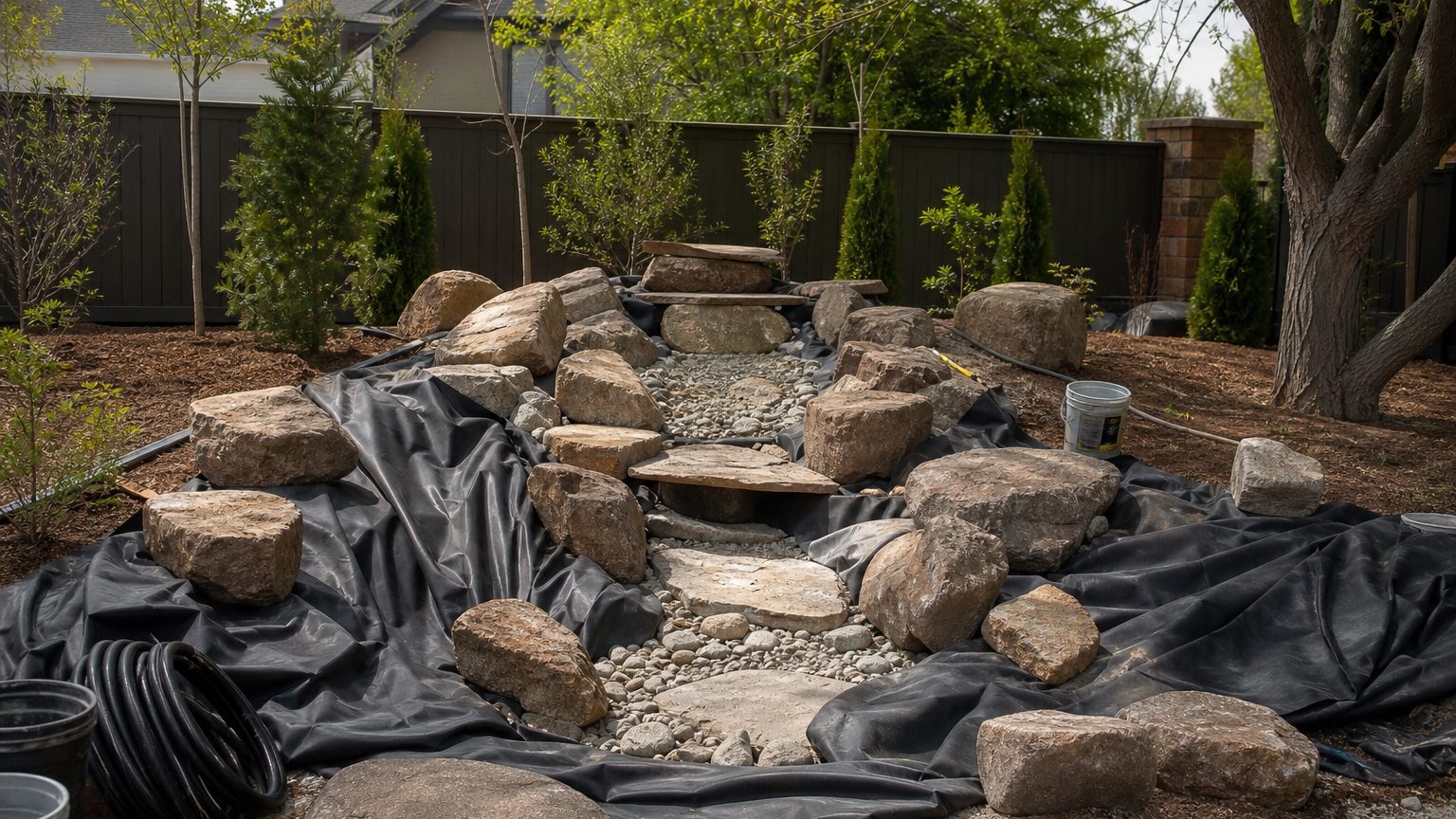Pondless waterfall water feature under construction with stone and liner in Utah