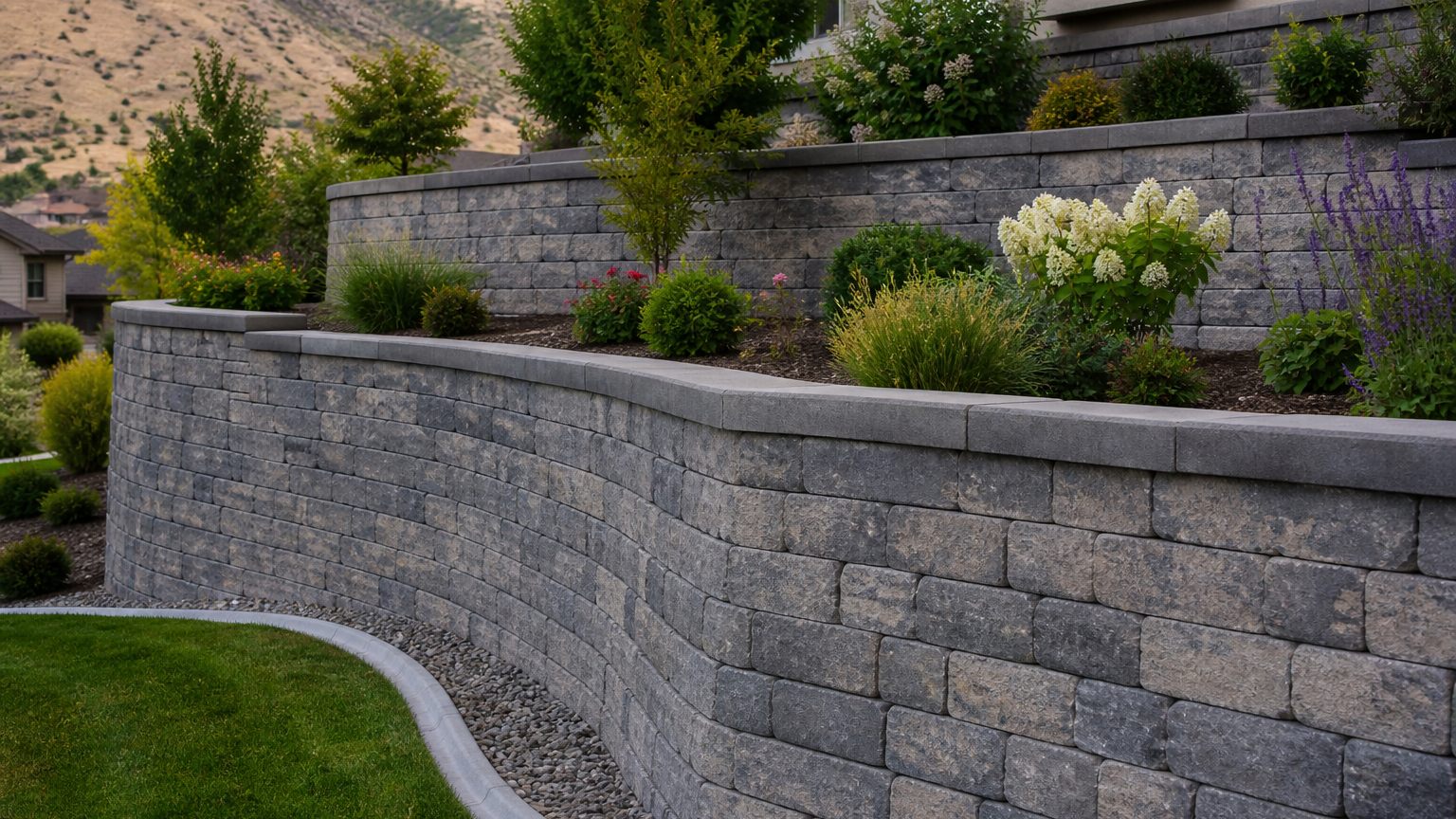 Finished segmental retaining wall with cap stone and landscaped terrace in Utah