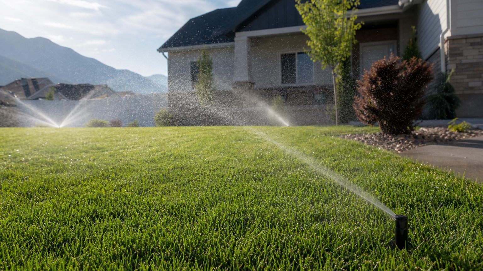 Sprinklers watering a green natural grass lawn in Northern Utah during summer